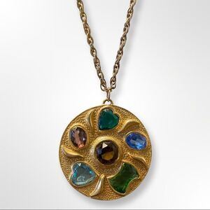 Large Multicolored Multi-shaped Stone Round Pendent Gold Tone Chain Necklace